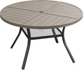 DIFY 47.2" Round Outdoor Patio Dining Table for 6, All-Weather Metal Steel Slatted Patio Table with 1.57" Adjustable Umbrella Hole, for Lawn Garden Porch Backyard, Grey Wood-Like