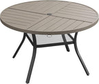 DIFY 47.2" Round Outdoor Patio Dining Table for 6, All-Weather Metal Steel Slatted Patio Table with 1.57" Adjustable Umbrella Hole, for Lawn Garden Porch Backyard, Grey Wood-Like