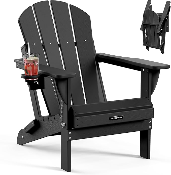 MUCHENGHY Folding Adirondack Chairs Patio Chairs Outdoor Adirondack Chair Weather Resistant Chair for Patio, Outside, Deck, Backyard, Fire Pit Chair, Campfire Chairs (Black)