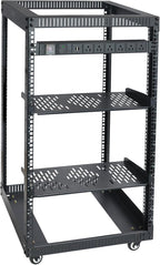 RIVECO 18U Open Frame Server Rack with Brake Casters + PDU (8 Outlets) Power Strip Surge Protector + 2 PCS Rack Shelves Cantilever Tray Set Black