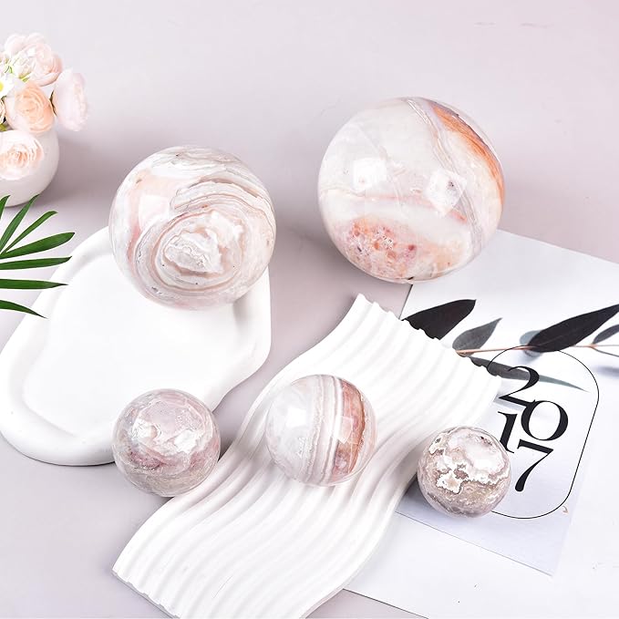 JIC Gem Natural Pink Agate Crystal Sphere Pink Crystal Decorative Ball with Wooden Stand Meditation Balls for Witchcraft Reiki Healing Gift 50-60mm