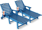 Lounge Chair Outdoor Set of 2, HDPE Chaise Lounge Chair Outdoor with 6-Position & Wheels &Cup Holder, Pool Lounge Chair for Pool Poolside Deck Backyard Patio, Navy Blue