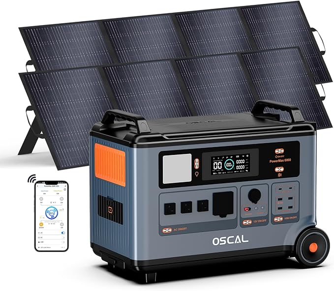 OSCAL PowerMax 6000 Solar Generator with 2x200W Solar Panel, 120V/240V Split Phase Voltage 6000W AC Outlets (7200W Peak), 2200W AC Charging/2400W PV Charging for Home, Emergency, Bank Battery Backup