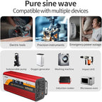 1000W Pure Sine Wave Inverter (2000W Peak), 12V/24V Auto-Detect, 50Hz/60Hz Switchable, LCD Display, Type-C Fast Charging, Silent Design, Overload & Overheat Protection for RV, Home (RED-1000W)