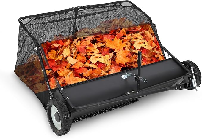 48" Lawn Sweeper Tow Behind, Pull Behind Yard Sweeper, 26 Cu. Ft Large Hopper Leaf & Grass Collector, Heavy Duty Garden Sweeper with Adjustable Sweeping Height for Yard, Lawn, Farm