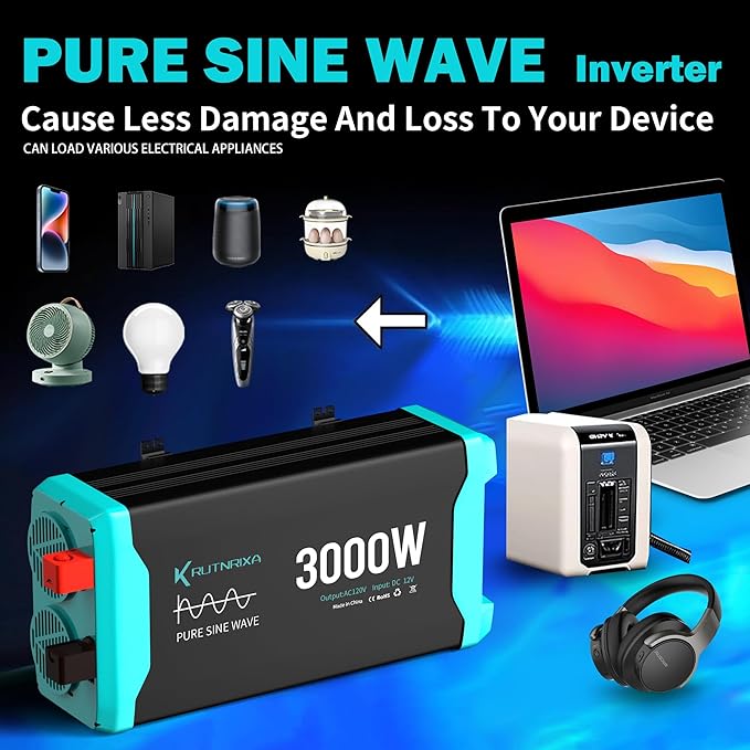 3000W Pure Sine Wave Inverter 12V DC to 120V AC for RV, Truck, Off-Grid, Home, Solar Car Power Inverter with Dual AC Hardwire Port, 20A Socket, 5V 2.1A USB