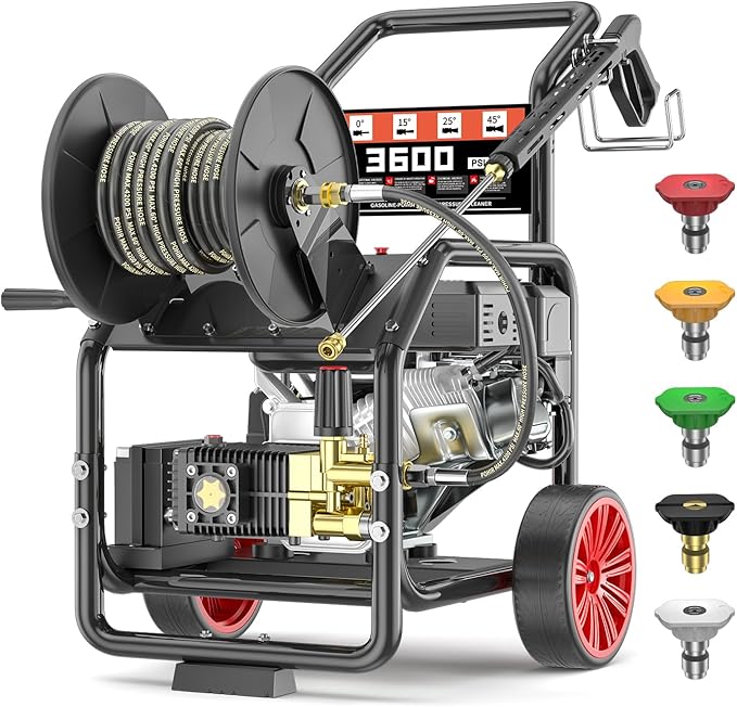 3600 PSI Gas Powered Commercial High Pressure Washer with 212cc 4HP Engine 3.3GPM Electric Start, Includes Hose Reel 50 FT 3/8 inch Hose 5 Quick Connect Nozzles Spray Gun and Wand