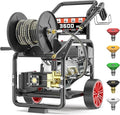 3600 PSI Gas Powered Commercial High Pressure Washer with 212cc 4HP Engine 3.3GPM Electric Start, Includes Hose Reel 50 FT 3/8 inch Hose 5 Quick Connect Nozzles Spray Gun and Wand