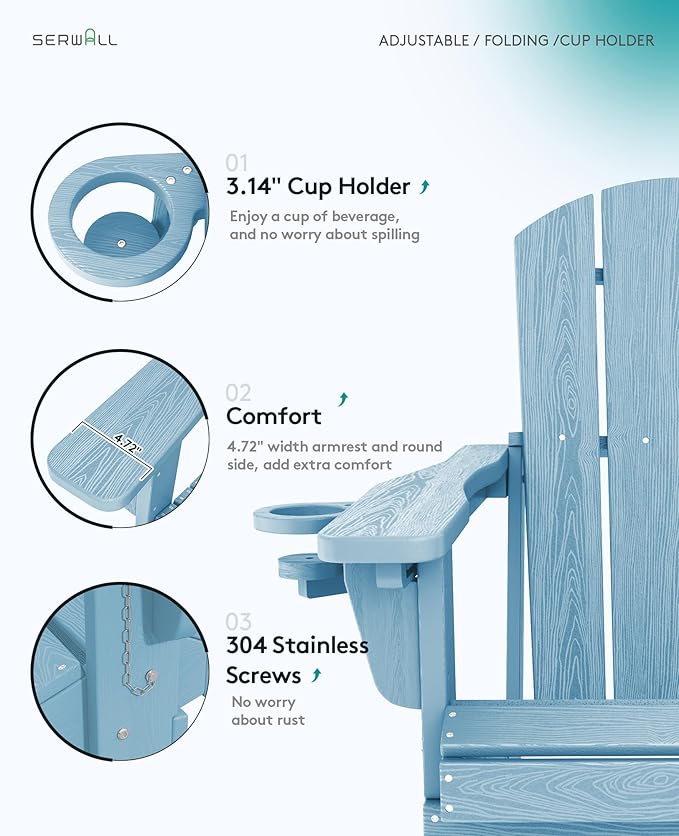SERWALL Folding Adirondack Chair Set of 2, Adjustable Adirondack Chair with 3 Recline Positions, All Weather HDPE Outdoor Adirondack with Cup Holders, Light Blue