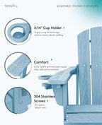 SERWALL Folding Adirondack Chair, Adirondack Outdoor Chair with Cup Holder, Adjustable HDPE Adirondack Chair with 3 Recline Positions, Light Blue