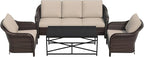 Vista Vibe 4 Pieces Outdoor Patio Conversation Furniture Set - 78" 3-Seat Couch | 2 Chairs | Metal Coffee Table, Rattan Wicker Loveseat Sofa with Washable Cushions, Garden, Deck, Terrace (Beige)