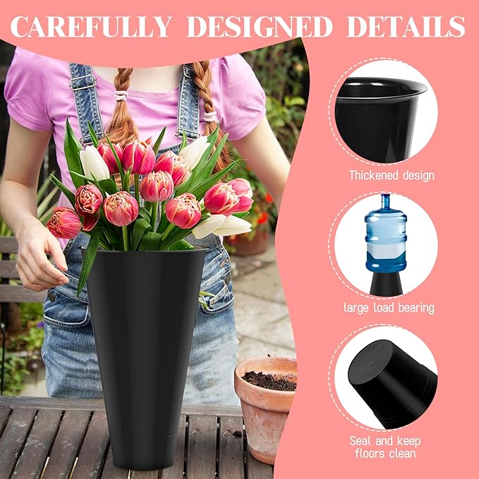 Flower Display Stand with Buckets, 4 Layers 16 PCS Buckets Plant Stand with Wheels, Movable Metal Plant Stand for Terrace Garden, Living Room, Florist Shop (White Frame - Black Buckets, 4-Tier)