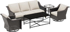 5 Pieces Outdoor Conversation Furniture Set - 77" Patio Sofa, 2 Swivel Rocker Chairs, 1 Side Table, 1 Metal Coffee Table, Patio Wicker Couch Set with Washable Cushions for Porch (Beige)