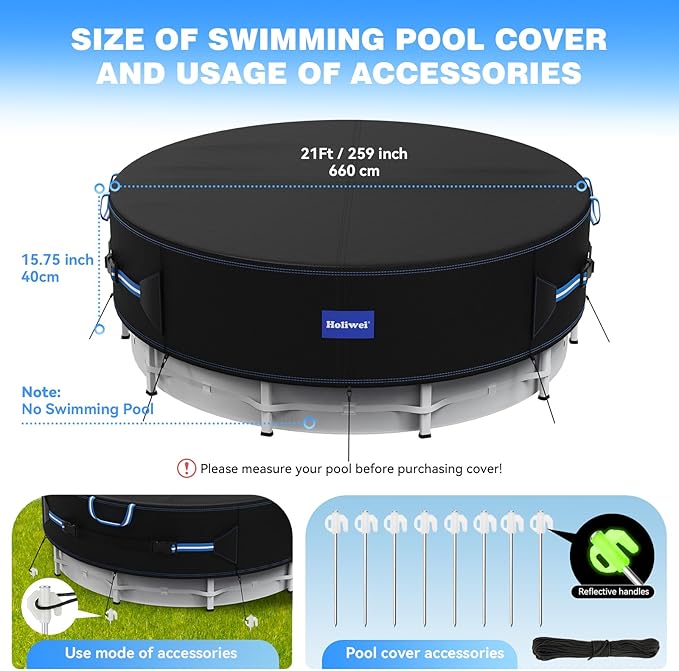 21 Ft Round Pool Cover with Reflective Strips, 420D Swimming Pool Cover for Above Ground Pools, Solar Cover with Drawstring and Ground Nails for Dustproof, UV Protected