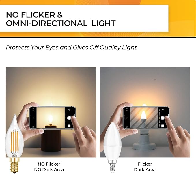 Hizashi 90+ CRI LED Candelabra Bulb 40W Equivalent E12 LED Bulb Dimmable 2700K Soft Warm White, Chandelier Light Bulbs, 4W 450LM Flame Tip CA10 Candle Light Bulbs, UL Listed - 12 Pack