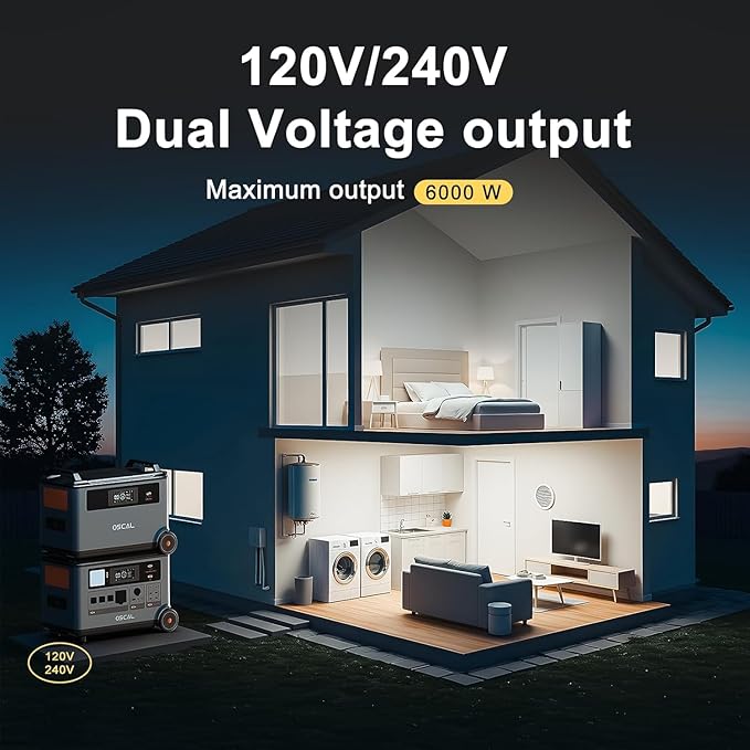 OSCAL PowerMax 6000 Solar Generator with 2x500W Solar Panel, 120V/240V Split Phase Voltage 6000W AC Outlets (7200W Peak), 2200W AC Charging/2400W PV Charging for Home, Emergency, Bank Battery Backup