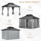 WKM 10x12 FT Hardtop Gazebo with Heavy Duty Galvanized Steel Double Roof, Aluminum Frame Permanent Pavilion with Curtains and Netting, Outside Canopy Gazebo for Patio, Deck and Backyard, Grey
