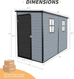 LANTRO JS 4x8FT Plastic Storage Shed with Floor, Outdoor Storage Shed with Floor Included, with 2 Windows and Lockable Door, Backyard Storage Sheds for Garden Tools, Bike, Gray and Black