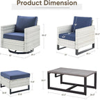 Wicker Patio Furniture Set：7 Piece Outdoor Patio Furniture Set with 2 Swivel Patio Chairs 2 Single Chairs a Coffee Table and 2 Ottomans, Light Grey Wicker/Blue Cushion