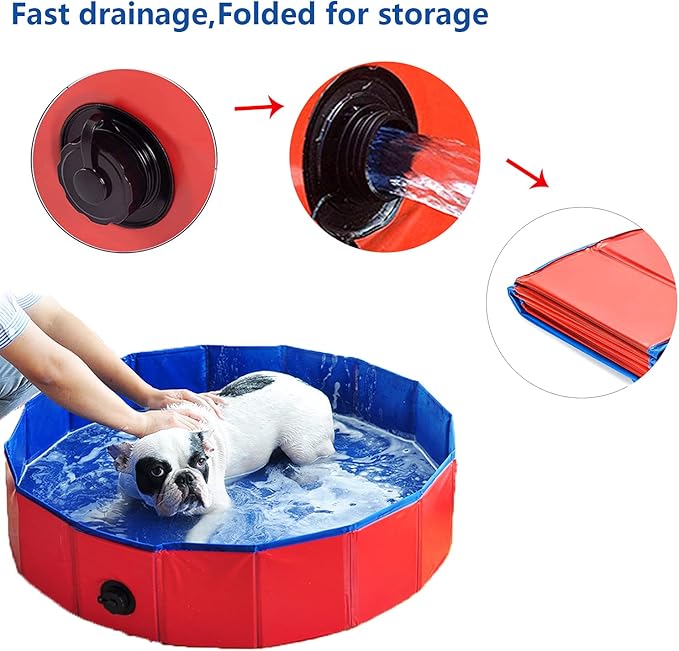 Foldable Pet Dog Kids Swimming Pool(40'' x 12''),Plastic Anti-Slip PVC Bathing Tub Swimming Pool Durable Fiberboard Kiddie Pool Red