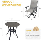 VICLLAX Patio Dining Set for 2, 3 Pieces Outdoor Furniture Includes 27.5" Small Round Patio Table and 2 Outdoor Swivel Chairs for Lawn Garden, Grey Wood Grain Tabletop and Grey Fabric