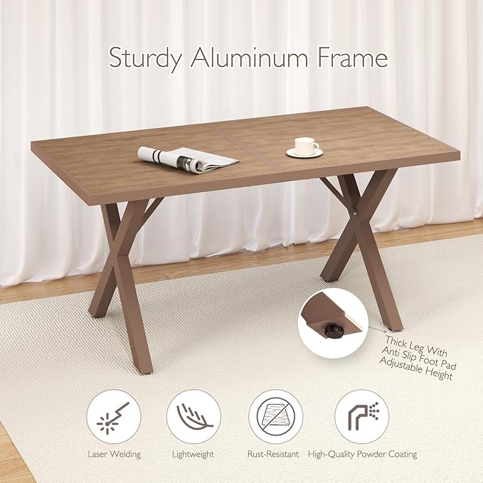 Aluminum Outdoor Dining Table - All-Weather Exposure, Waterproof and Rust-Proof Courtyard-Style Coffee Table Garden/Balcony/Poolside, Light Brown 1 Pcs