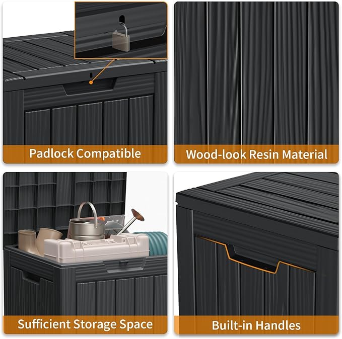 28 Gallon Resin Deck Box, Lockable Outdoor Storage Box for Patio Cushions Storage Furniture,Garden Tools, Pool Supplies, Weatherproof and UV Resistant（Black）