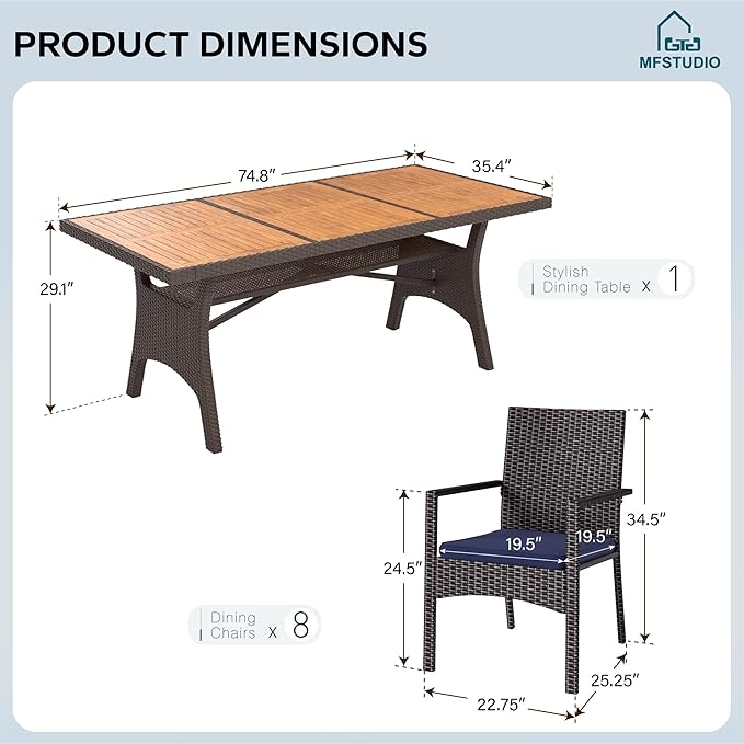 MFSTUDIO Outdoor Dining Sets for 8, 9 Pieces Patio Dining Furniture, 74’’ Rectangular Table Set and Chairs, Acacia Wood Top & Rattan and Metal Frame, Outdoor Patio Modern Furniture