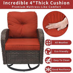 3 Pieces Patio Furniture Set, Outdoor Swivel Rocking Chair Set of 2 with Side Table - 360° Swivel, Thick Cushions, All-Weather Bistro Set for Deck, Porch, Pool(Red, Brown Full-Weave Rattan)