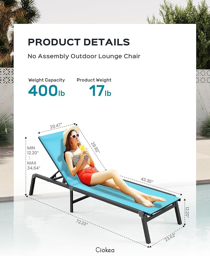 Patio Chaise Lounge Chair Set of 4, Foldable Lounge Chair for Outside, Aluminum Chairs with 5 Adjustable Backrest, Outdoor Pool Lounger for Poolside, Lawn, Patio, Lake Blue