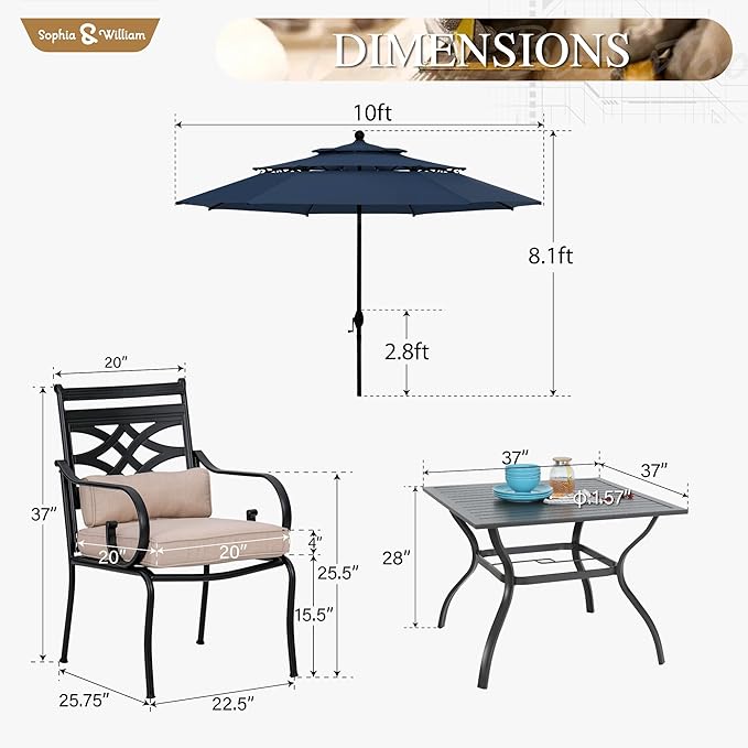 Sophia & William Patio Dining Set with Umbrella 6 Pieces, Outdoor Table and Chairs with 10ft Patio Navy Umbrella(No Base), Weather-Resistant for Garden, Backyard, Lawn, Balcony