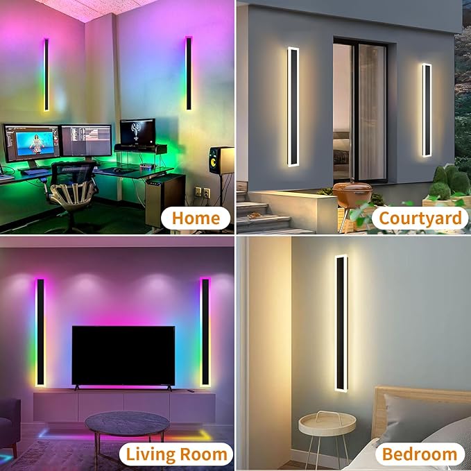 2 Pack Outdoor RGB Long Wall Lights, 47.2inch Wall Lights RGB/Warm/White Dimmable Modern Led Wall Lighting, Ip65 Waterproof Wall Sconce with Remote APP Control for Outdoor/Indoor Party Gathering