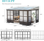 10x14FT Wall Mounted Sunroom Kit All Season, Outdoor Enclosed Gazebo Lean to Solarium with Detachable Polycarbonate Roof/Windows, 2 Lockable Sliding Doors, Permanent Aluminum Sun Room for Patio