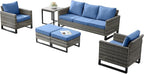 Rilyson Wicker Outdoor Patio Furniture Set - 6 Piece Patio Conversation Set with 2 Armrest Chairs,2 Rattan Ottoman,1 Couch and 1 Metal Side Table for Outside Porch Deck Backyard(Mixed Grey/Blue)