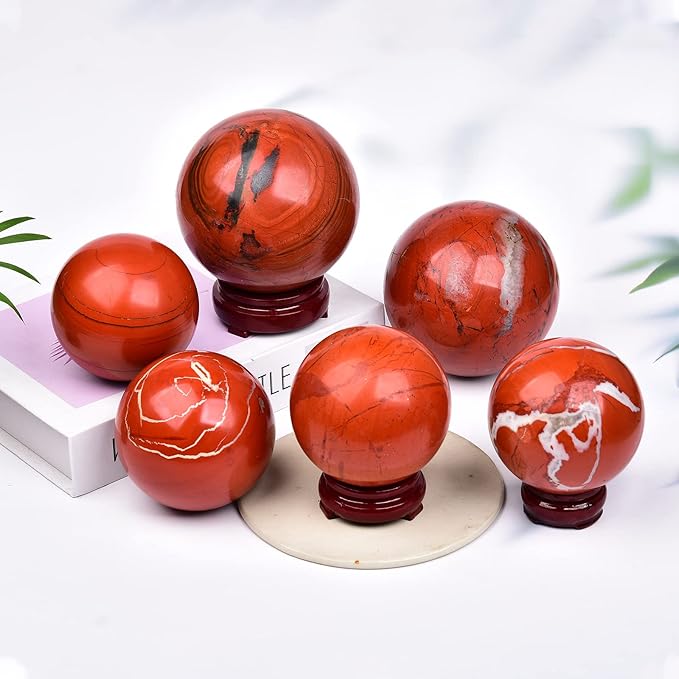 JIC Gem Red Healing Crystal Ball with Decoation Stand Red Jasper Gemstone Sphere Ball for Fengshui 、Meditation Energy Reiki Ball (100-110mm), 4-4.5inch