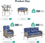 6 Piece Patio Furniture Set - Wicker Patio Conversation Set with Swivel Glider, 3-Seater Sofa, Tempered Glass Side Table and 2 Ottomans for Deck Backyard - Grey Wicker Blue Cushion