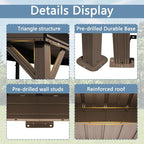 Domi 12’x20’ Wall-Mounted Hardtop Gazebo Pergola – Permanent Lean-to Outdoor Shelter with Sloped Galvanized Steel Roof & Upgraded Drainage – Gray Metal Patio Cover for Backyard, Deck, Garden, Brown