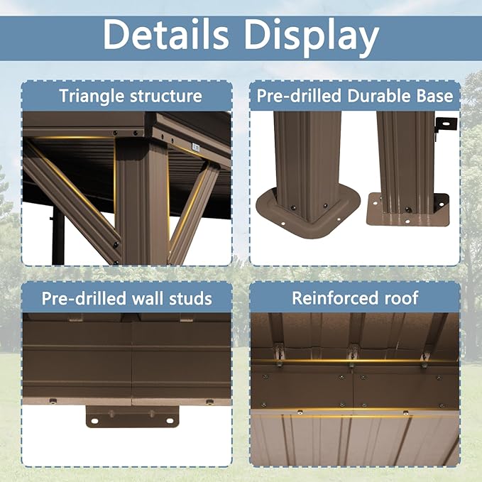 Domi 8’ x 8’ Wall-Mounted Hardtop Gazebo Pergola – Permanent Lean-to Outdoor Shelter with Sloped Galvanized Steel Roof & Upgraded Drainage – Grey Metal Patio Cover for Backyard, Deck, Garden, Brown