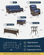 HILLGA Luxury Patio Furniture Set with 6-inch Thick Cushion, Outdoor Sectional Sofa and High Back Swivel Rocker Patio Chairs, 7PCS Wicker Conversation Set for Deck Yard and Poolside, Blue (V2)