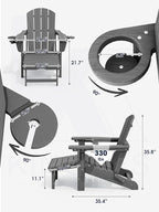 KINGYES Folding Adjustable Adirondack Chair with Ottoman & 2 Cup Holders Set of 4, HDEP Multifunctional Adirondack Chair with Footrest, Grey