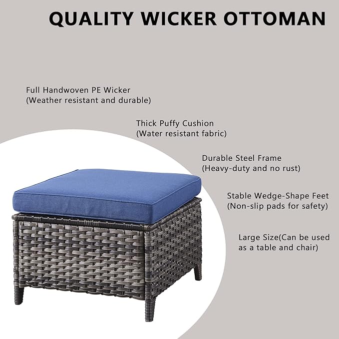 Rilyson 5 Piece Outdoor Patio Furniture Set - Rattan Wicker Patio Conversation Sets with 2 Swivel Rocker Chairs,2 Ottomans and 1 Sofa for Outside Porch Deck Backyard(Mixed Grey/Blue)