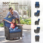 Patio Luxury Conversation Set of 4 Swivel Chairs with Side Table and 30in Square Wicker Firepit Table, Grey Wicker|Blue Cushions