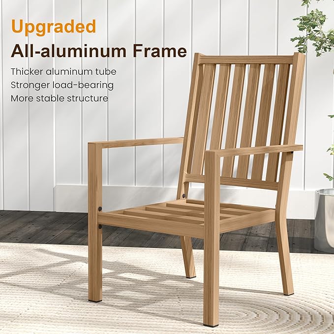 Patio Dining Chair Set of 2, Aluminum Outdoor Dining Chairs with Waterproof Cushions, Metal Outdoor Patio Furniture Seating for Porch, Balcony, Deck, Backyard, Light Wood Color