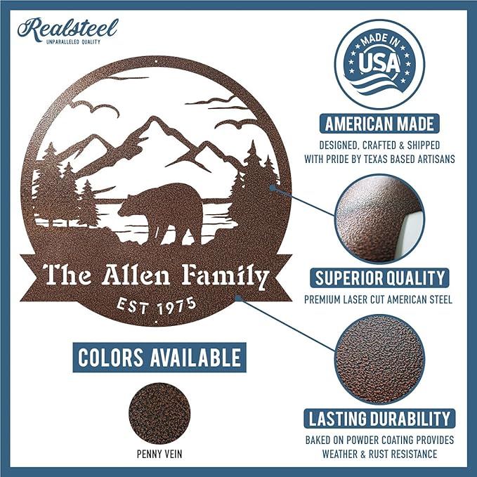 RealSteel Personalized Bear Metal Sign - Custom Outdoor Wall Art with Mountain Scene - Circular Design for Porch, Patio, Lawn & Garden Décor - Penny Vein, 36"