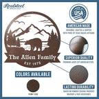 RealSteel Personalized Bear Metal Sign - Custom Outdoor Wall Art with Mountain Scene - Circular Design for Porch, Patio, Lawn & Garden Décor - Textured Silver, 30"