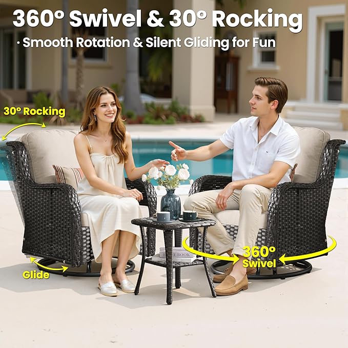 ovios 7 Pieces Patio Furniture Set, Outdoor Wicker Sofa Couch with Swivel Chairs 54" Fire Pit Table, High Back All Weather Modern Conversation Sets, Brown Rattan, Beige
