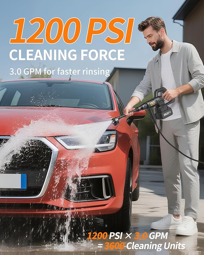 Cordless Pressure Washer Battery Powered; 1200PSI Cordless Power Washer with Brushless Motor, 4.0Ah Battery,6-in-1 Nozzle, 3 Power Level; Handheld Portable Pressure Washer Cordless (5022-BK2)