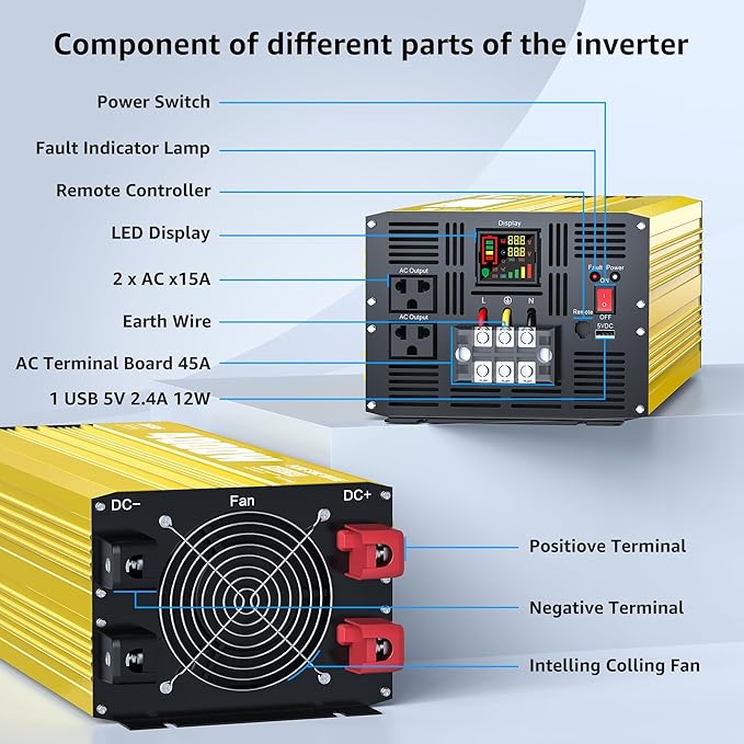 XWJNE 4000W Pure Sine Wave Power Inverter 12V DC to 120V AC Converter with LED Display and Remote Controller for Home, RV, Truck, Off-Grid Solar Power