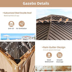 YOLENY 10' x 12' Hardtop Gazebo, Wood-Looking Gazebo with Galvanized Steel Double Roof, Aluminum Frame, Permanent Metal Pavilion with Netting and Curtains for Deck, Backyard, Patio and Lawns