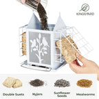 Kingsyard Metal Bird Feeder for Outdoor Hanging, Wild Bird Feeder with Double Suet Cage, Weatherproof Roof and 3 lbs Large Seed Capacity, White